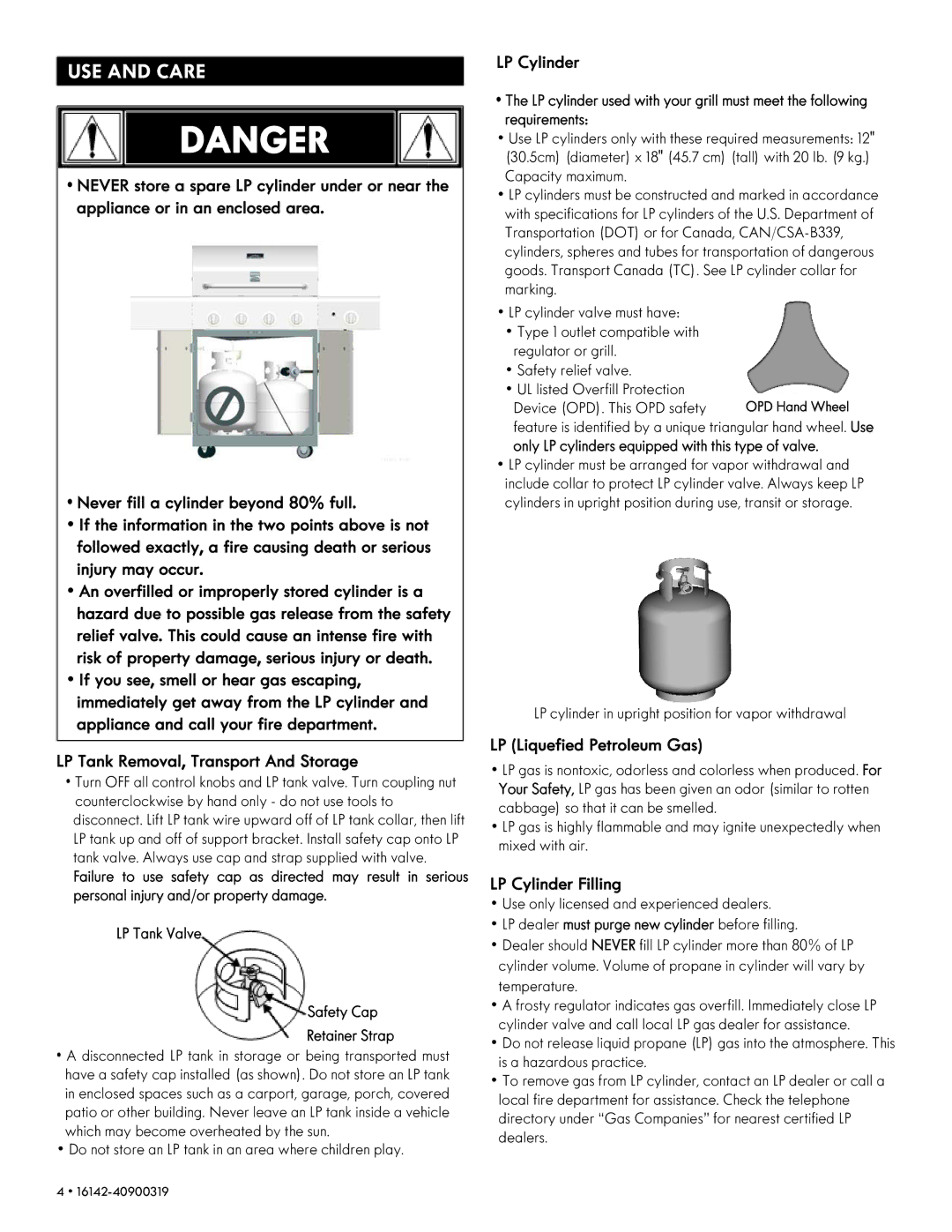 Kenmore 146.1614221 manual LP Tank Removal, Transport And Storage, LP Liquefied Petroleum Gas, LP Cylinder Filling 