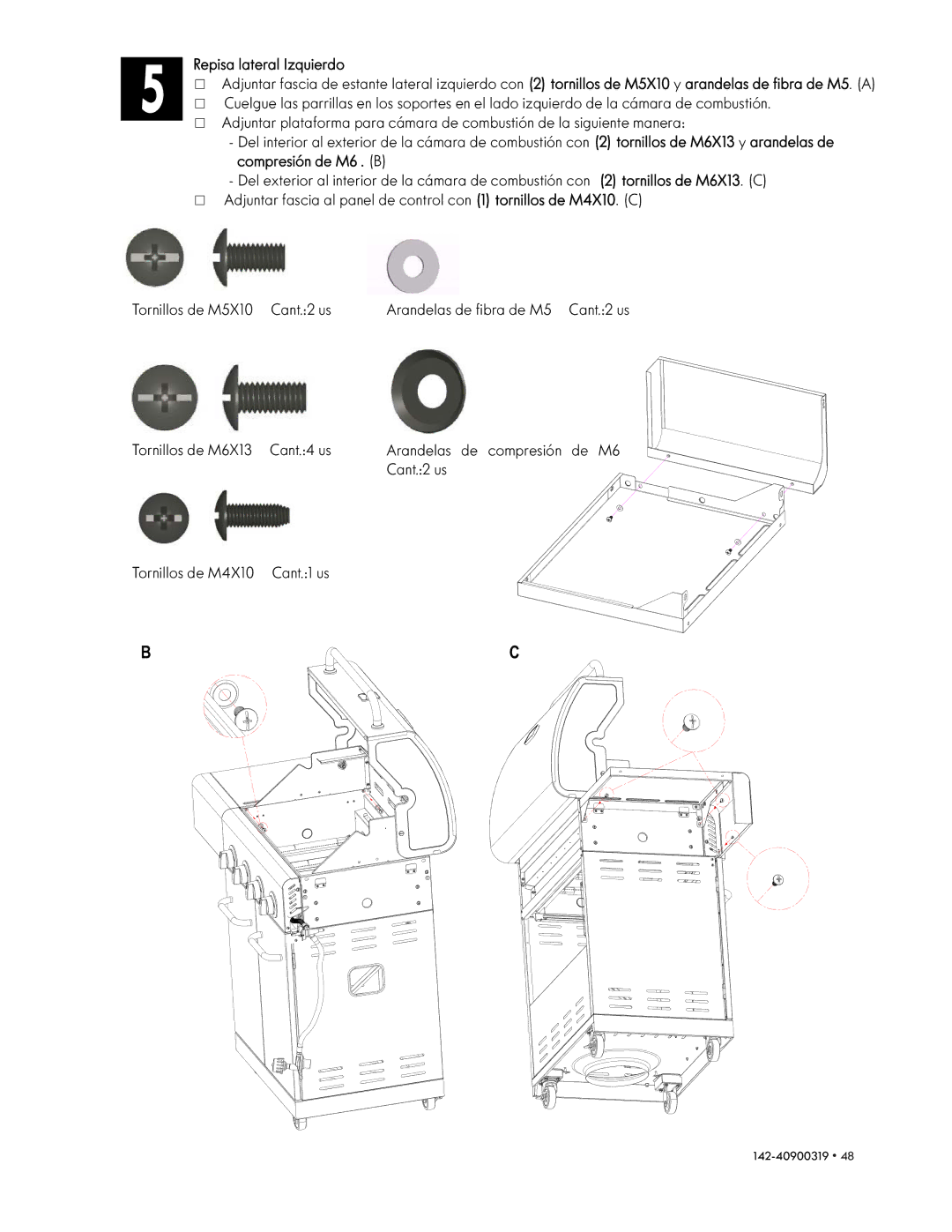 Kenmore 146.1614221 manual Repisa lateral Izquierdo, Tornillos de M5X10 Cant.2 us, Tornillos de M4X10 Cant.1 us 