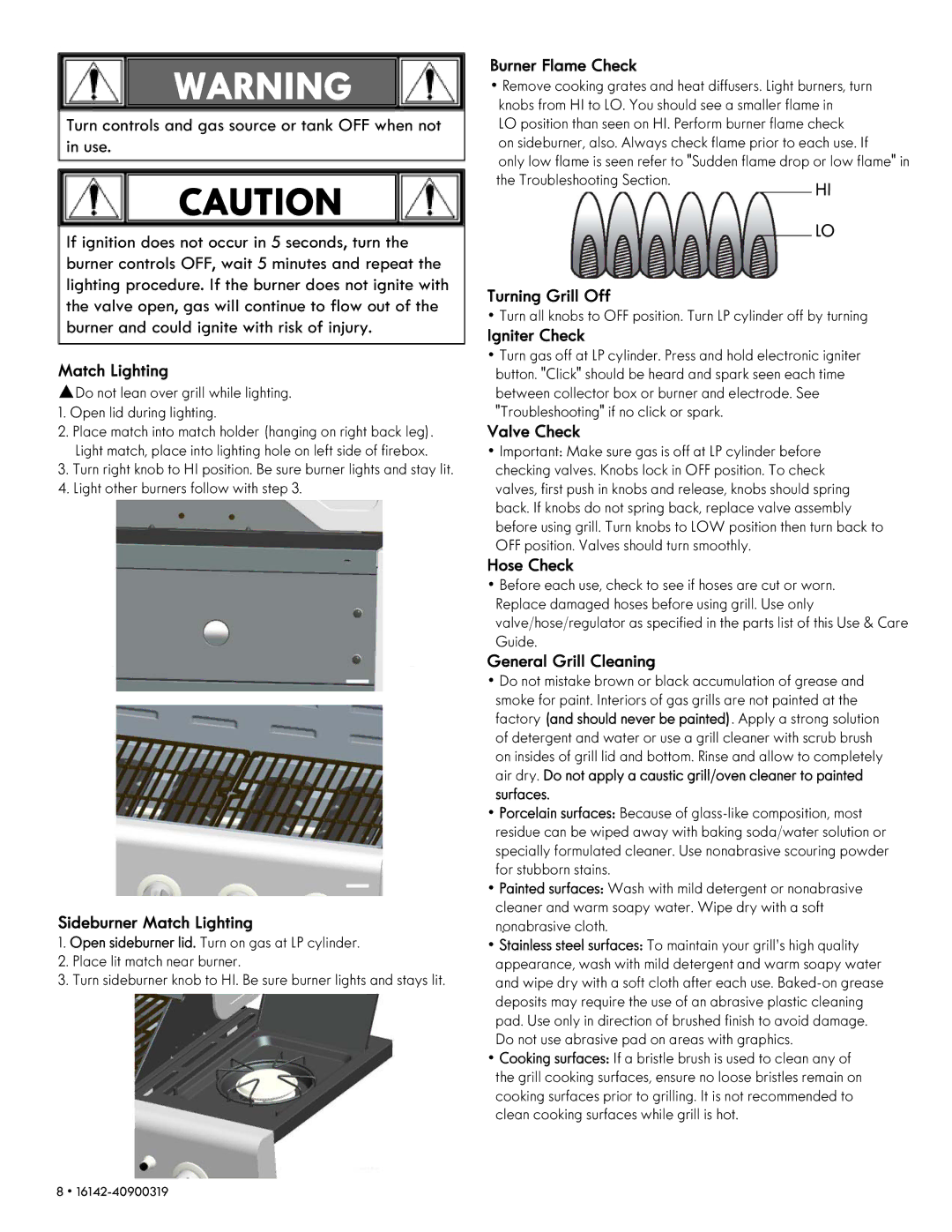 Kenmore 146.1614221 manual Sideburner Match Lighting, Burner Flame Check, Turning Grill Off, Igniter Check, Valve Check 