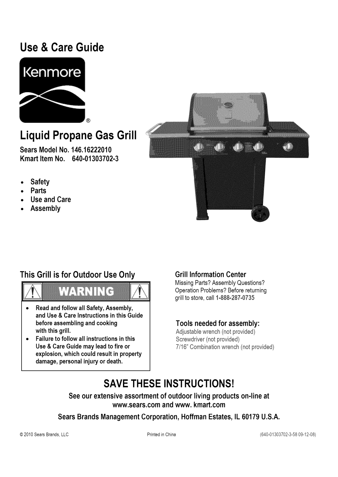 Kenmore 146.1622201 manual Use & Care Guide Liquid Propane Gas Grill 