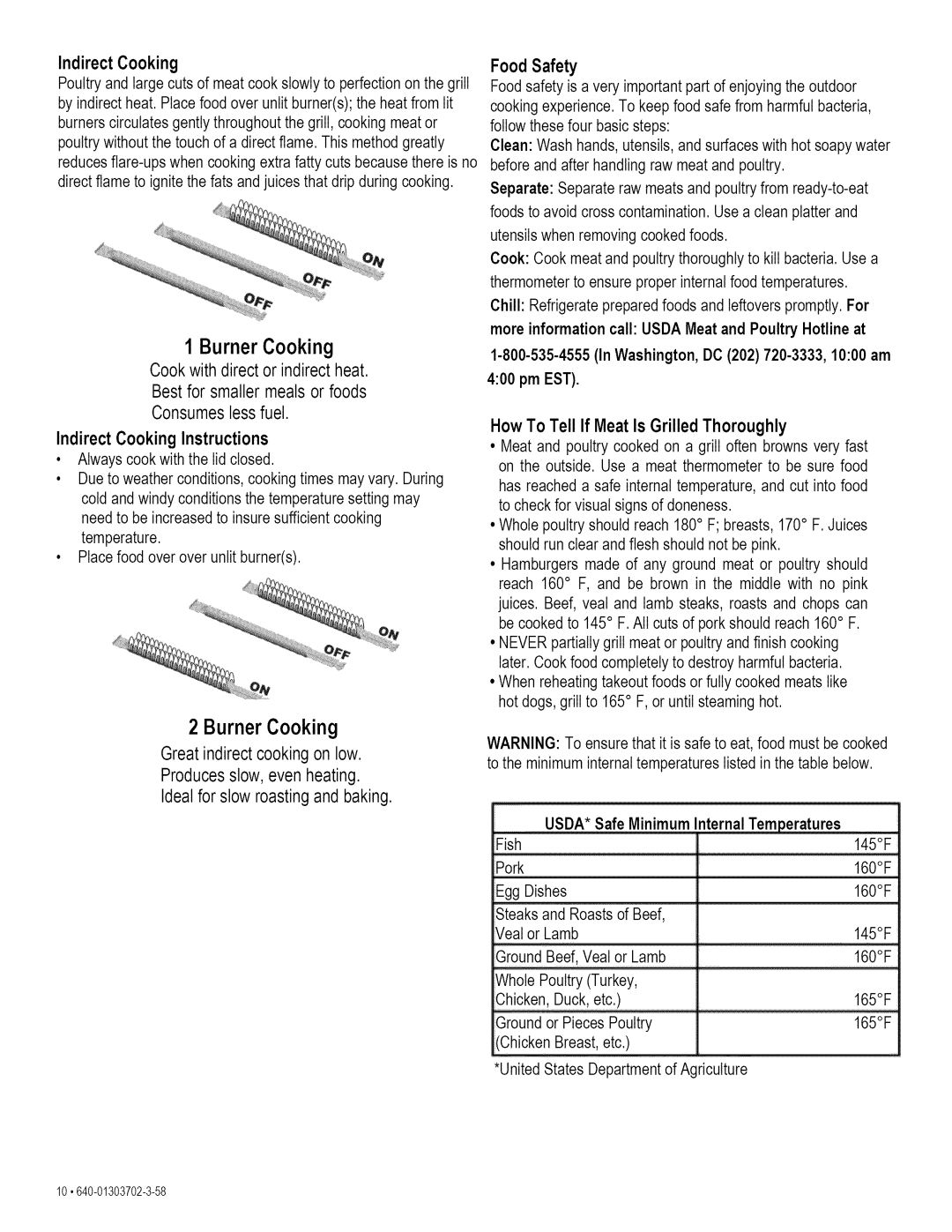 Kenmore 146.1622201 manual Indirect Cooking Instructions, USDA* Safe Minimum Internal Temperatures 