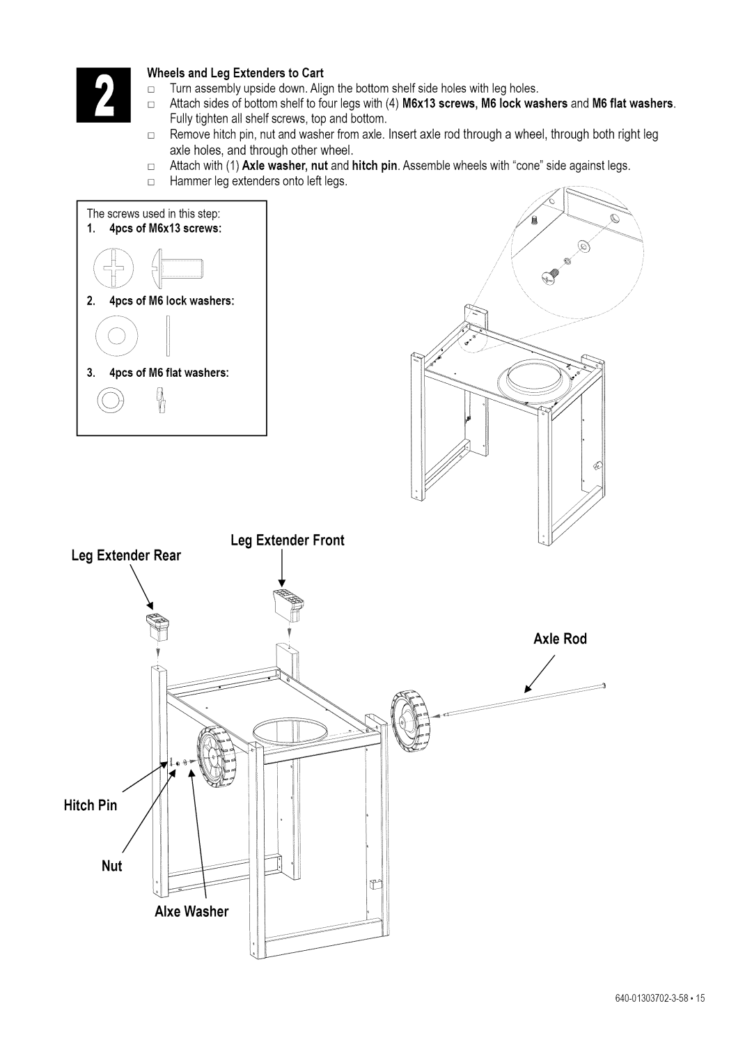 Kenmore 146.1622201 manual Leg Extender Front Leg Extender Rear Axle Rod Hitch Pin Nut, Wheels and Leg Extendersto Cart 