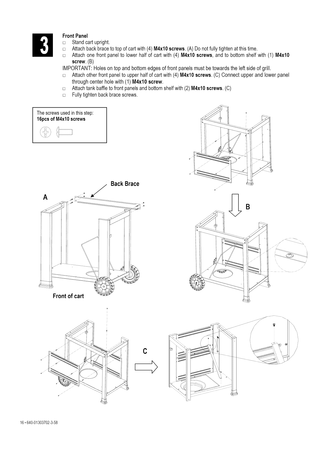 Kenmore 146.1622201 manual Back Brace Front of cart, Front Panel, Screw. B 