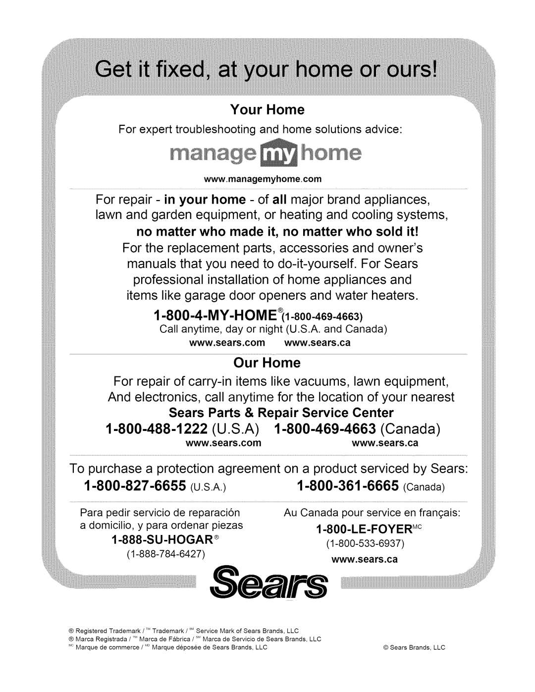 Kenmore 146.1622201 manual MY-HOM E1-800-469-4663 