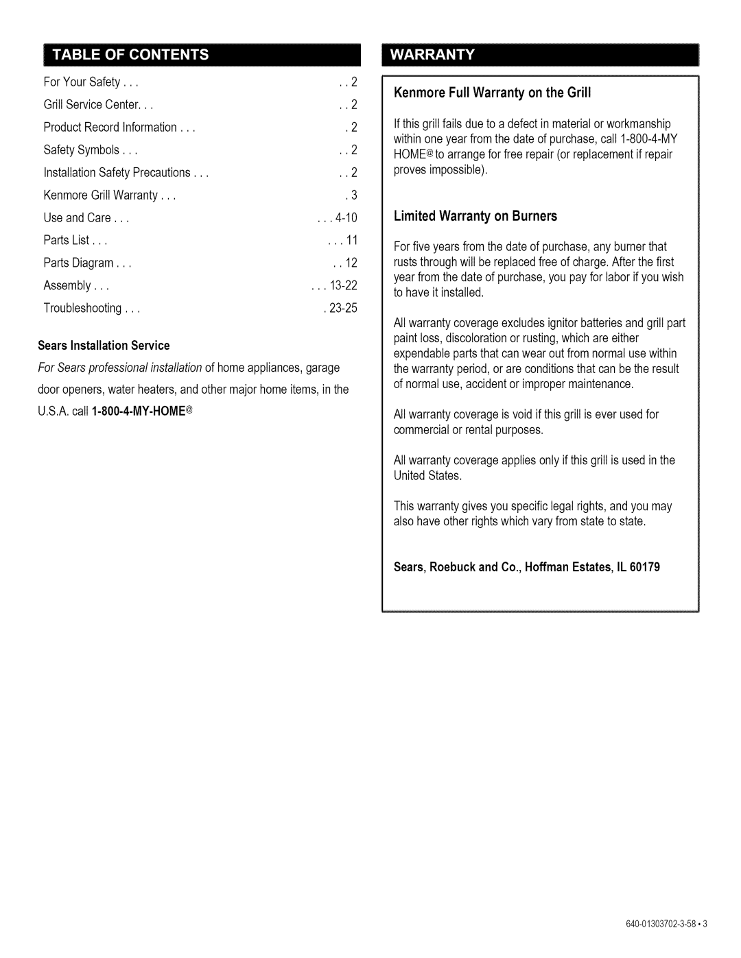 Kenmore 146.1622201 manual Kenmore Full Warranty on the Grill, Sears, Roebuck and Co., Hoffman Estates, IL 