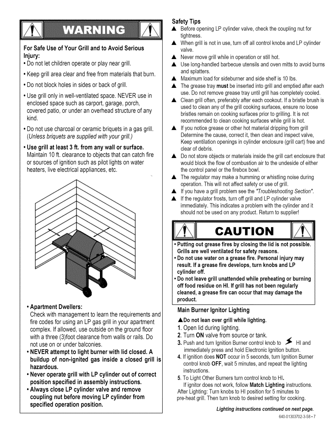 Kenmore 146.1622201 manual Apartment Dwellers, Use grill at least 3 ft. from any wall or surface, Safety Tips 