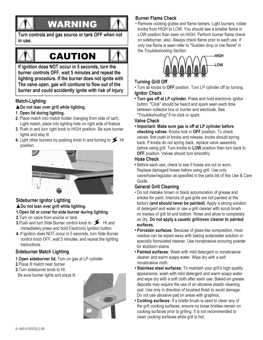 Kenmore 146.1622201 manual Sideburner Match Lighting, Burner Flame Check, Turning Grill Off 