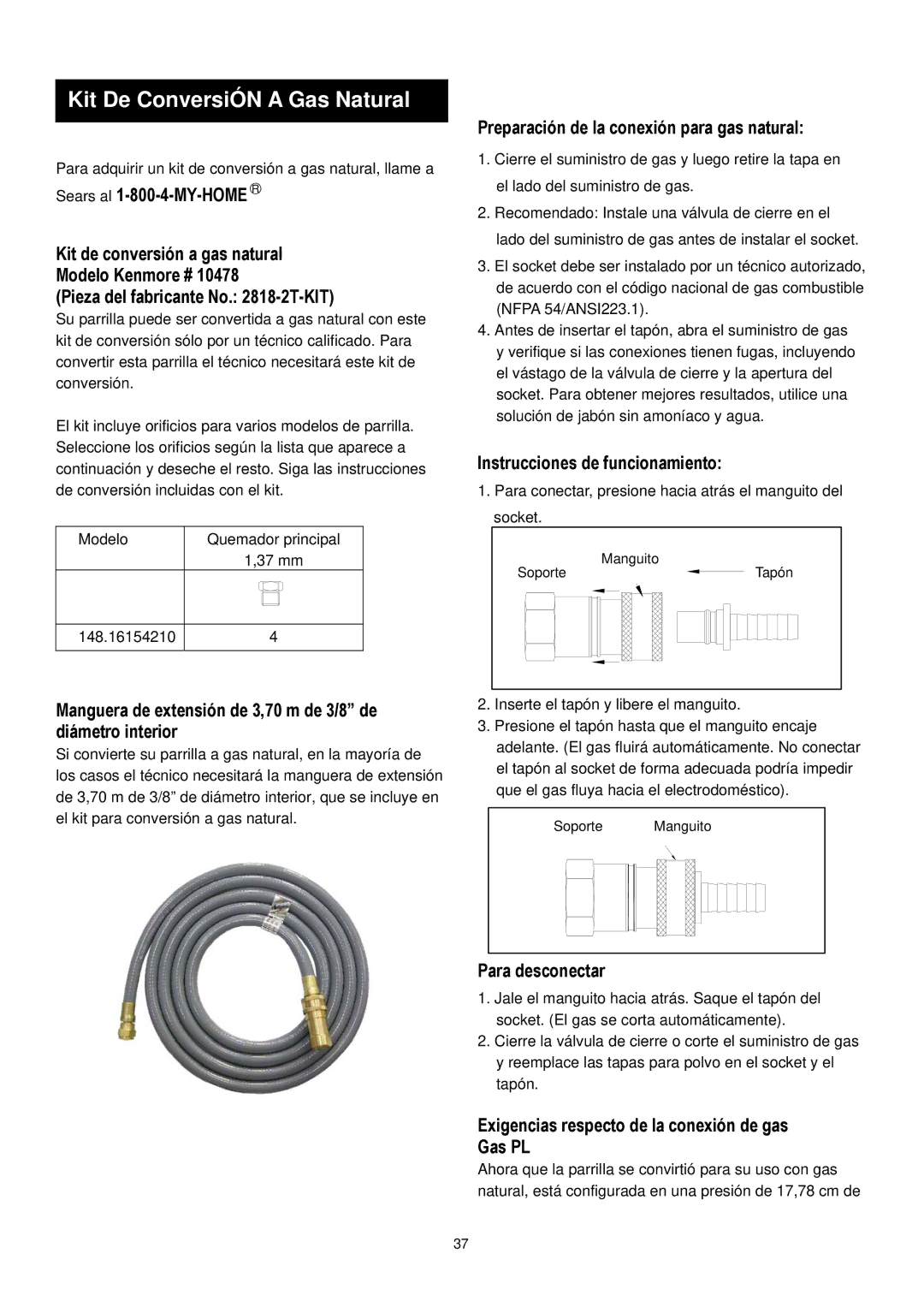 Kenmore 148.1615421 manual Preparación de la conexión para gas natural, Instrucciones de funcionamiento, Para desconectar 