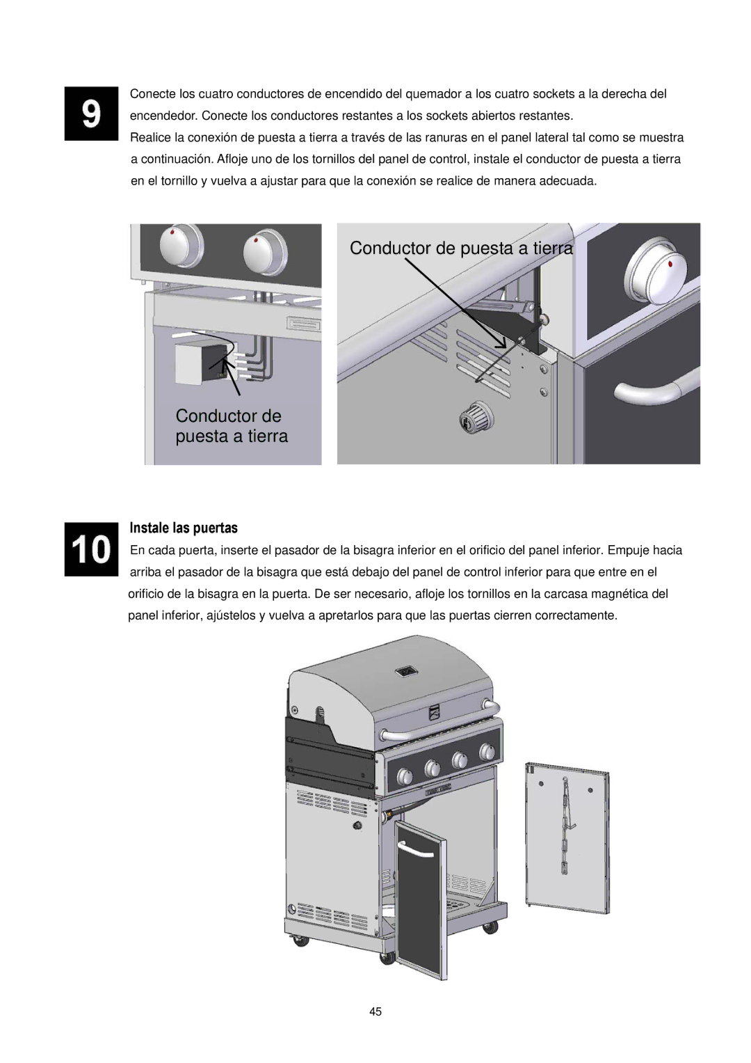 Kenmore 148.1615421 manual Conductor de puesta a tierra, Instale las puertas 