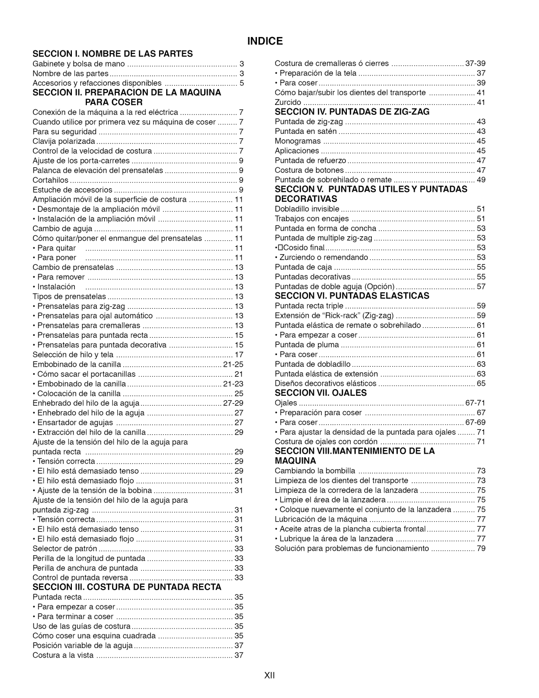 Kenmore 385.1 521 2, 15218, 15616, 15718 owner manual Indice, Xll, Vl. Puntadas 