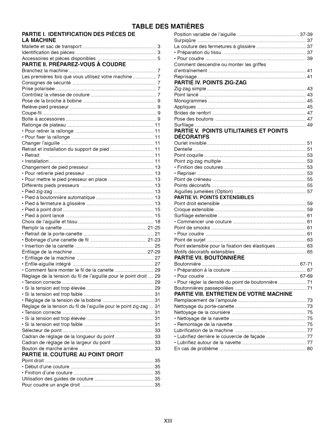 Kenmore 15616, 15218 Table DES Matiires, Xlll, Partie I. Identification DES PlleCES DE LA Machine, Identification des 