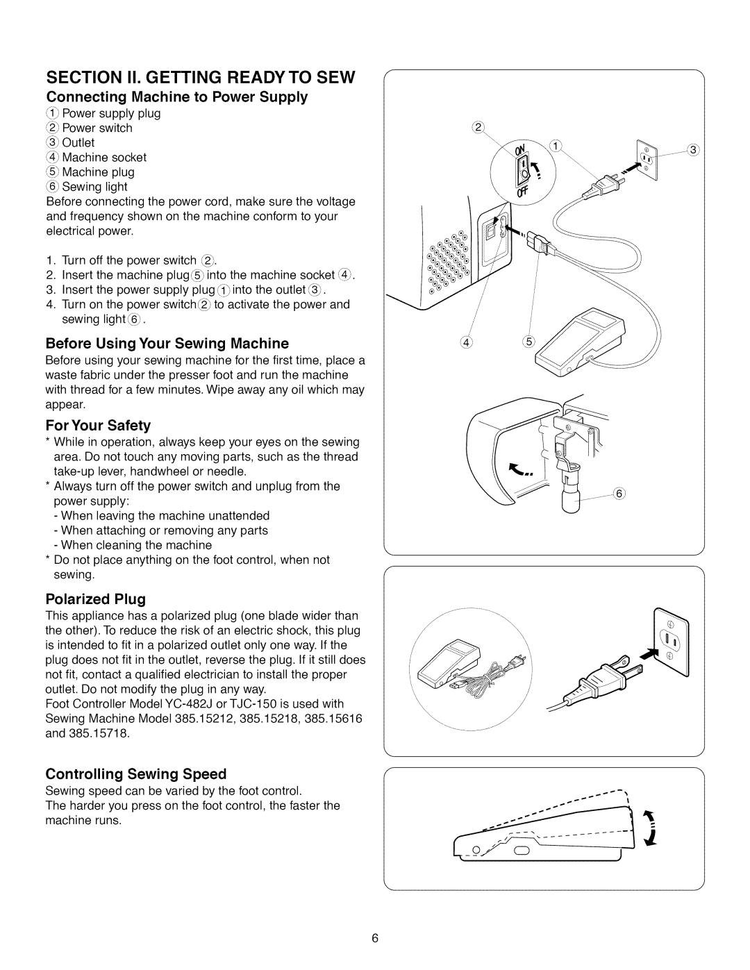 Kenmore 15718, 15218 Connecting Machine to Power Supply, Before Using Your Sewing Machine, For Your Safety, Polarized Plug 