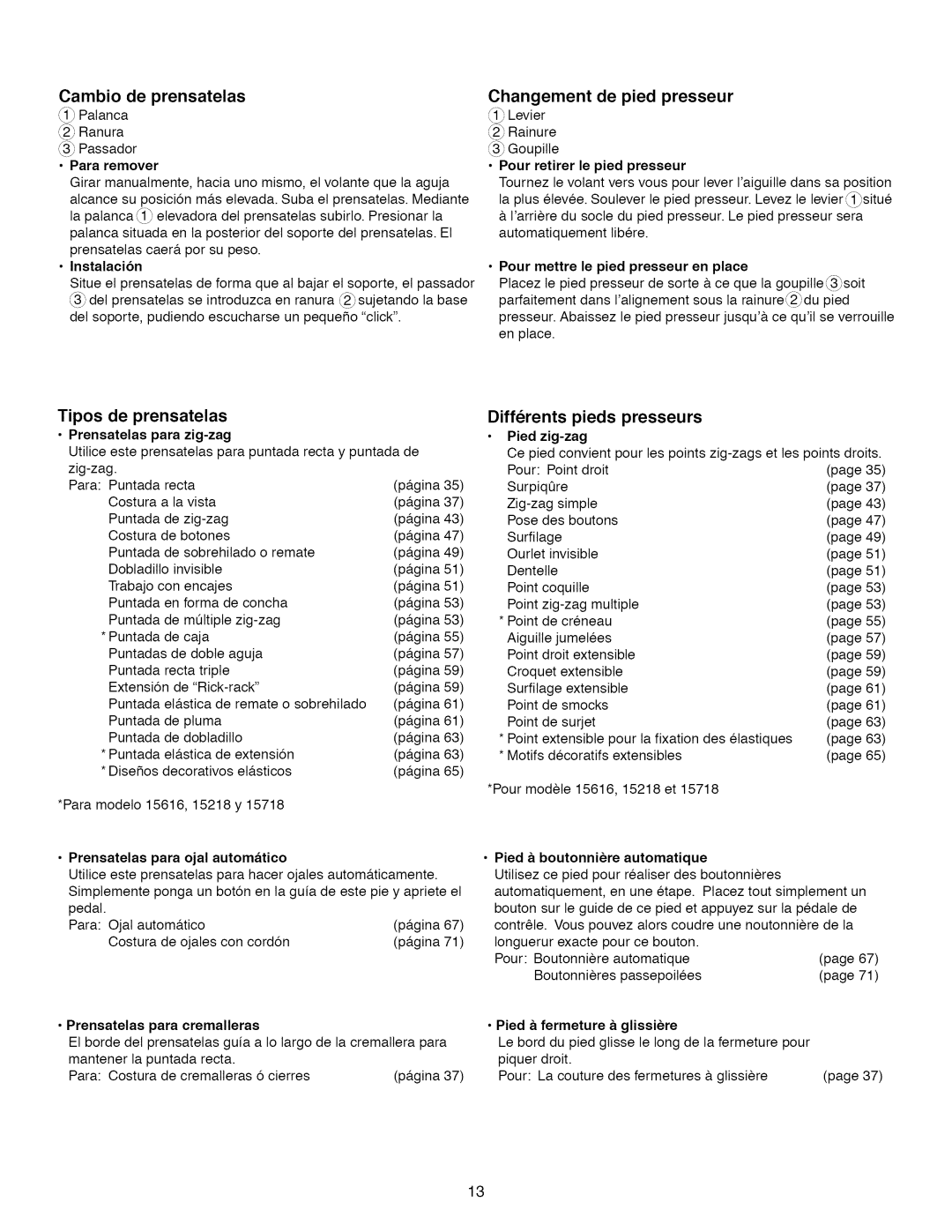 Kenmore 15616, 15218, 385.1 521 2, 15718 Cambio de prensatelas, Palanca, Changement de pied presseur, Tipos de prensatelas 