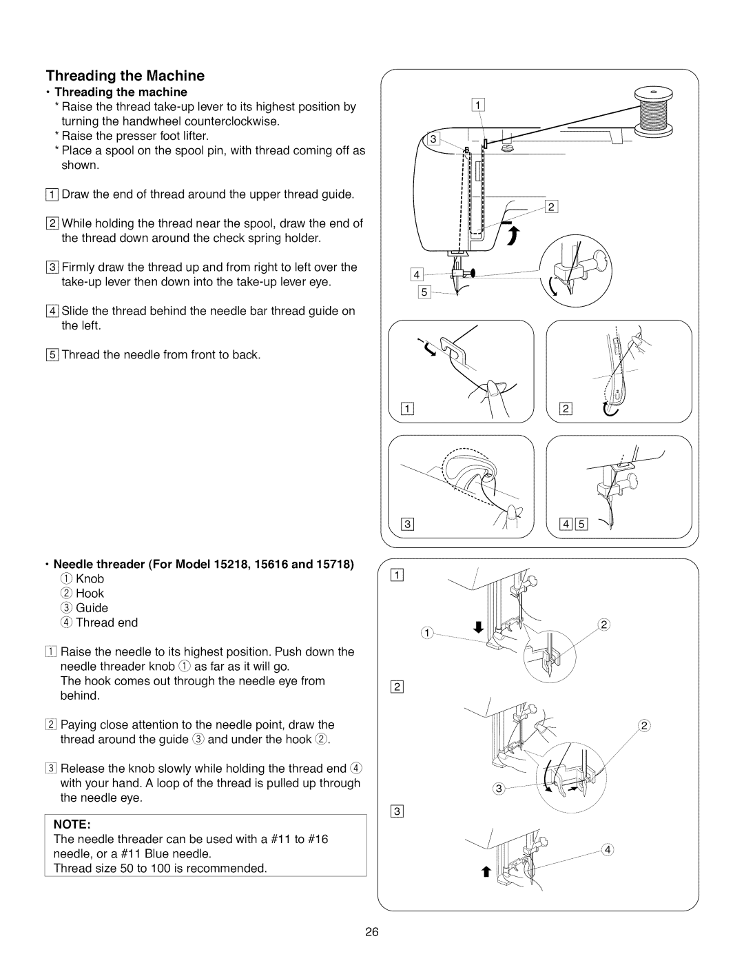 Kenmore Threading the Machine, Threading the machine, Needle threader For Model 15218, 15616 and 15718 i Knob 