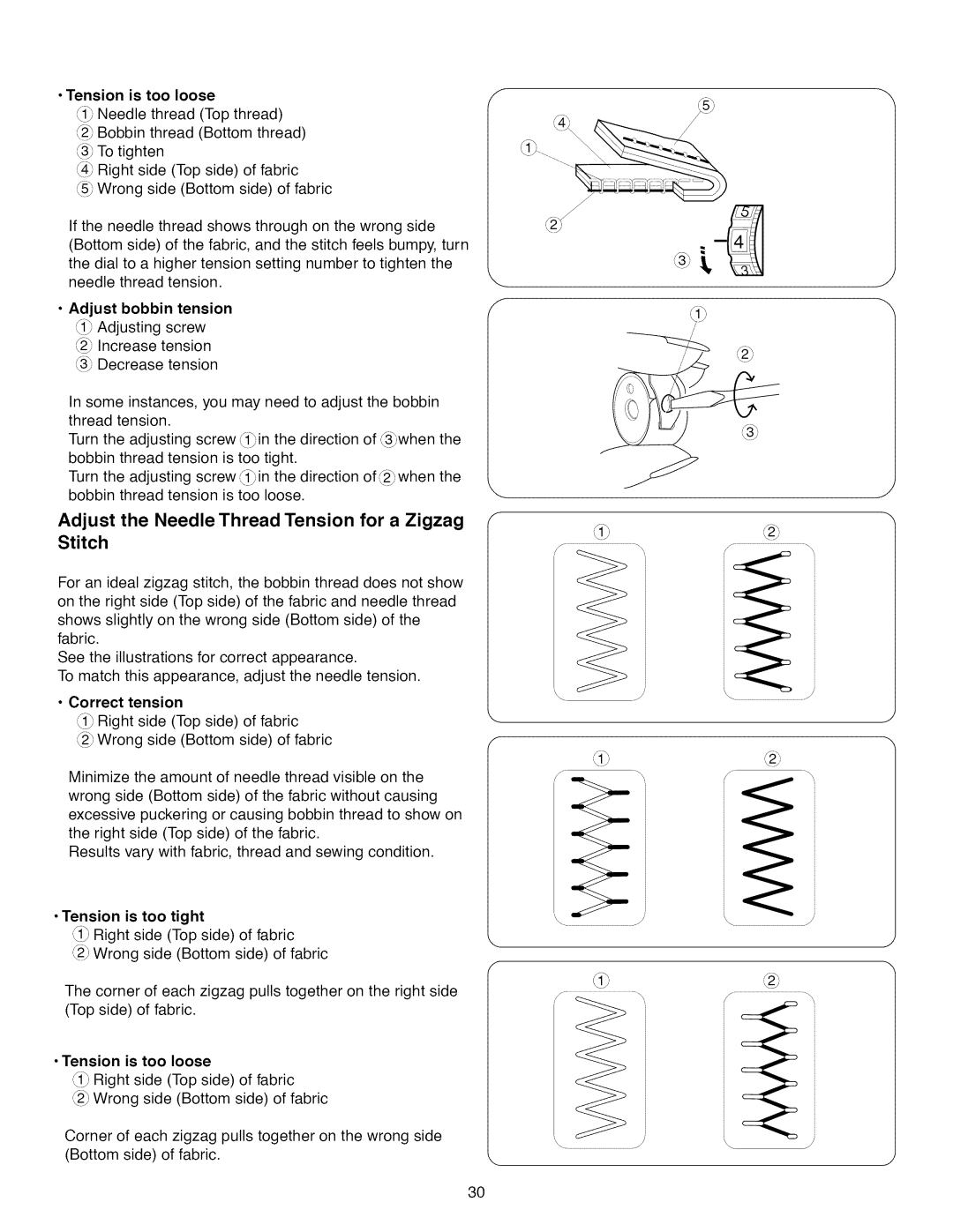 Kenmore 15718, 15218, 385.1 521 2 Adjust the Needle Thread Tension for a Zigzag Stitch, Tension is too loose, Too tight 