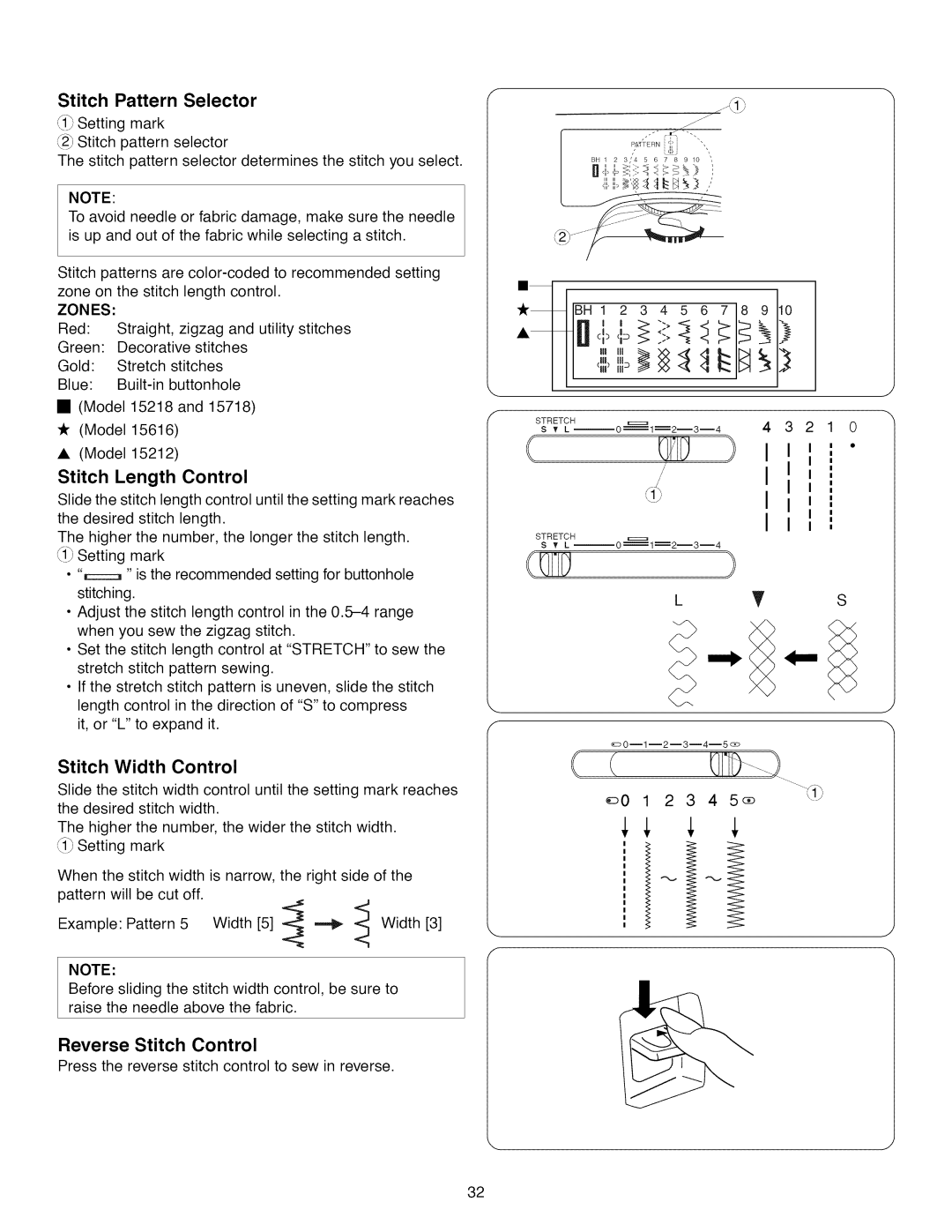 Kenmore 385.1 521 2, 15218, 15616, 15718 owner manual Stitch Pattern Selector, Reverse Stitch Control, 2345 