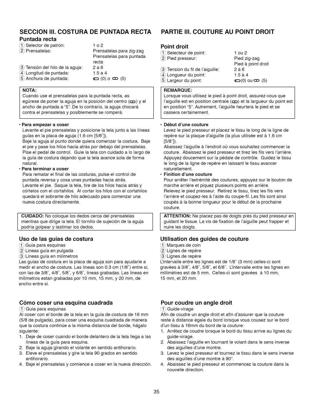 Kenmore 15218 Seccion II1. Costura, DE Puntada Recta, Partie III. Couture, AU Point Droit, Como coser una esquina cuadrada 