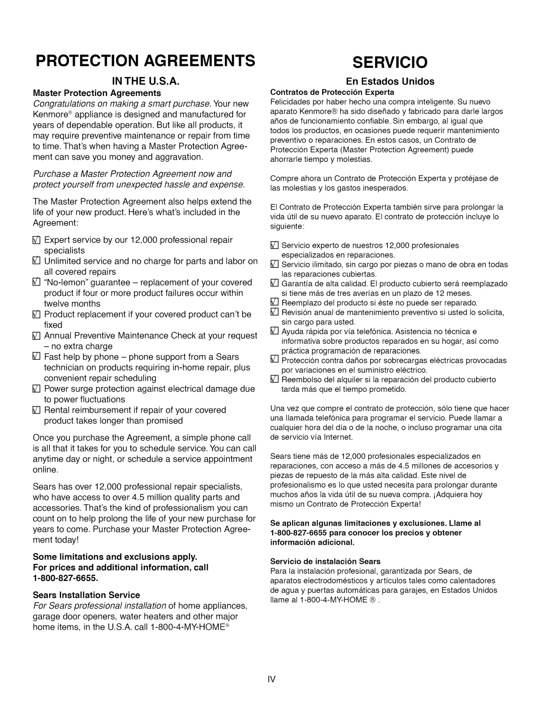 Kenmore 385.1 521 2, 15218, 15616, 15718 U.S.A, Sears Installation Service, En Estados Unidos, Master Protection Agreements 