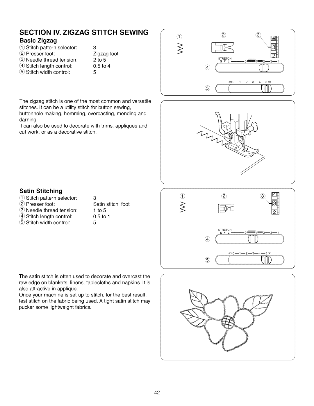 Kenmore 15718, 15218, 385.1 521 2, 15616 owner manual Basic Zigzag, Satin Stitching 