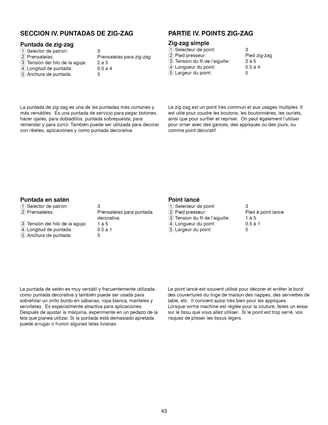 Kenmore 15218, 385.1 521 2, 15616, 15718 owner manual Seccion IV. Puntadas, DE ZlG-ZAG, Partie IV. Points ZIG-ZAG 