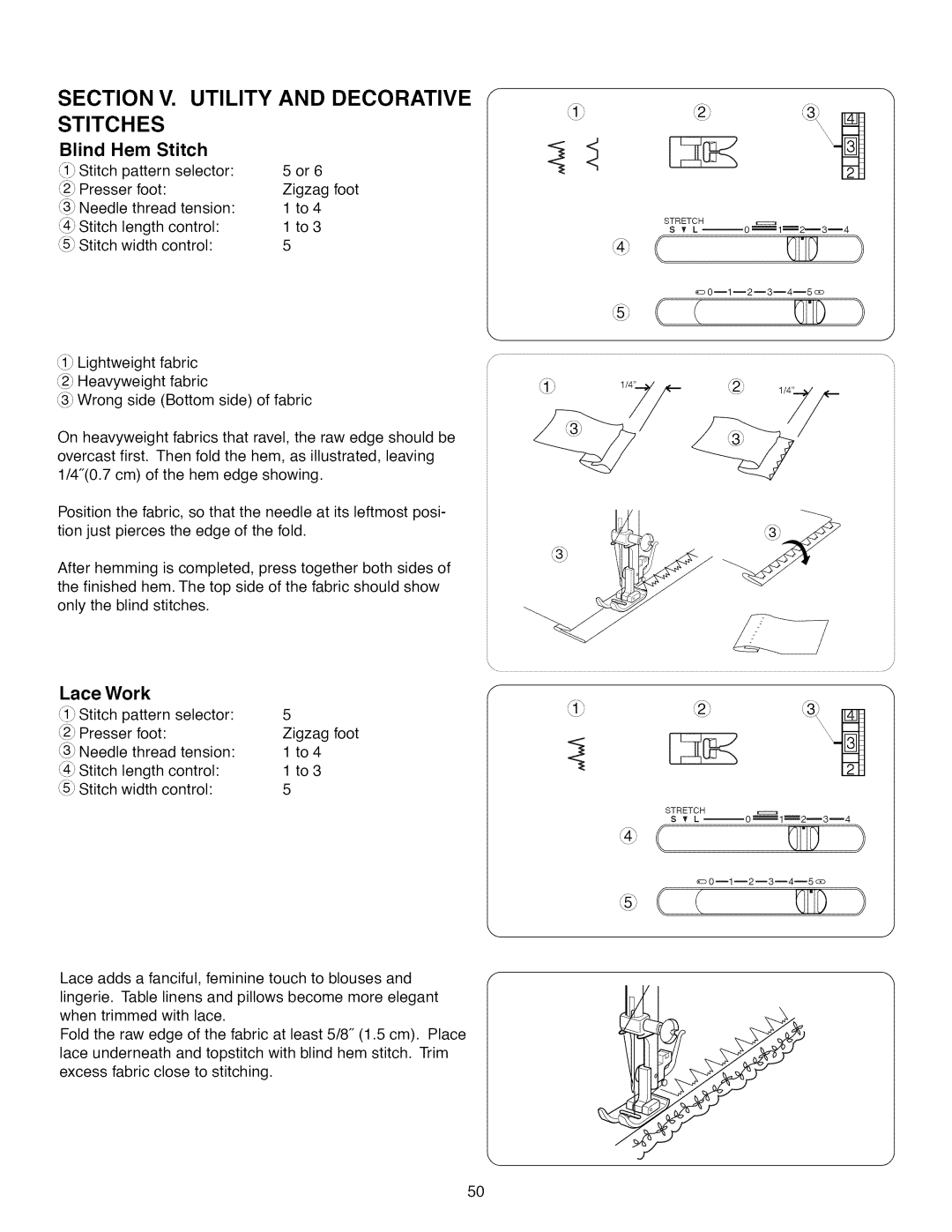 Kenmore 15718, 15218, 385.1 521 2, 15616 owner manual Blind Hem Stitch, Lace Work, Lightweight fabric 