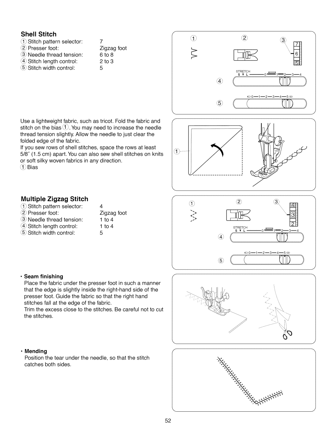 Kenmore 385.1 521 2, 15218, 15616, 15718 owner manual Shell Stitch, Multiple Zigzag Stitch, Seam finishing 