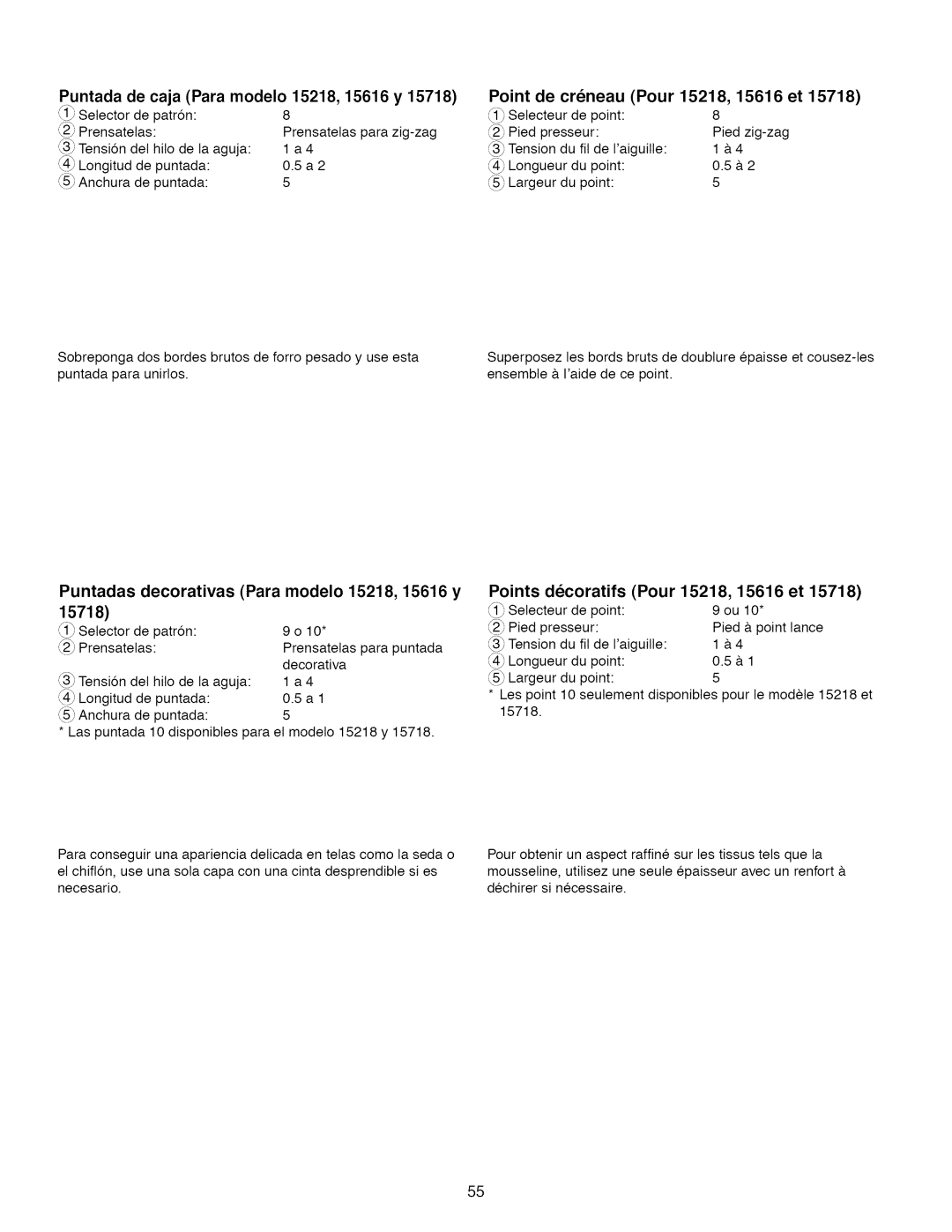 Kenmore 385.1 521 2, 15718 owner manual Puntada de caja Para modelo 15218, 15616 y, Point de creneau Pour 15616 et 