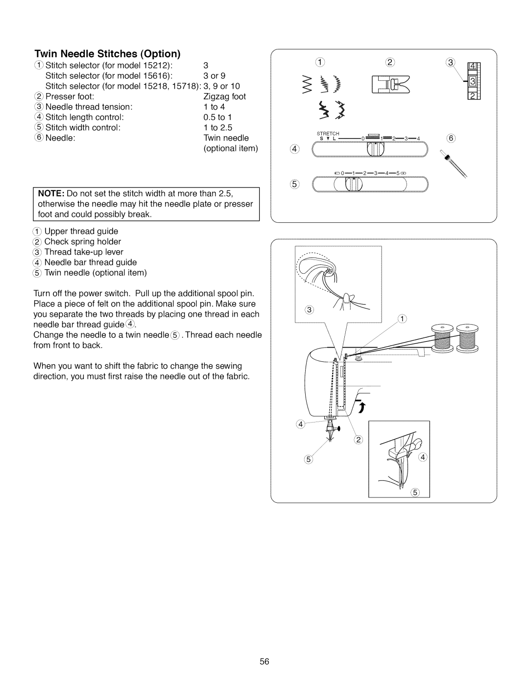 Kenmore 385.1 521 2, 15218, 15616, 15718 owner manual Twin Needle Stitches Option, 1Stitch selector For model 