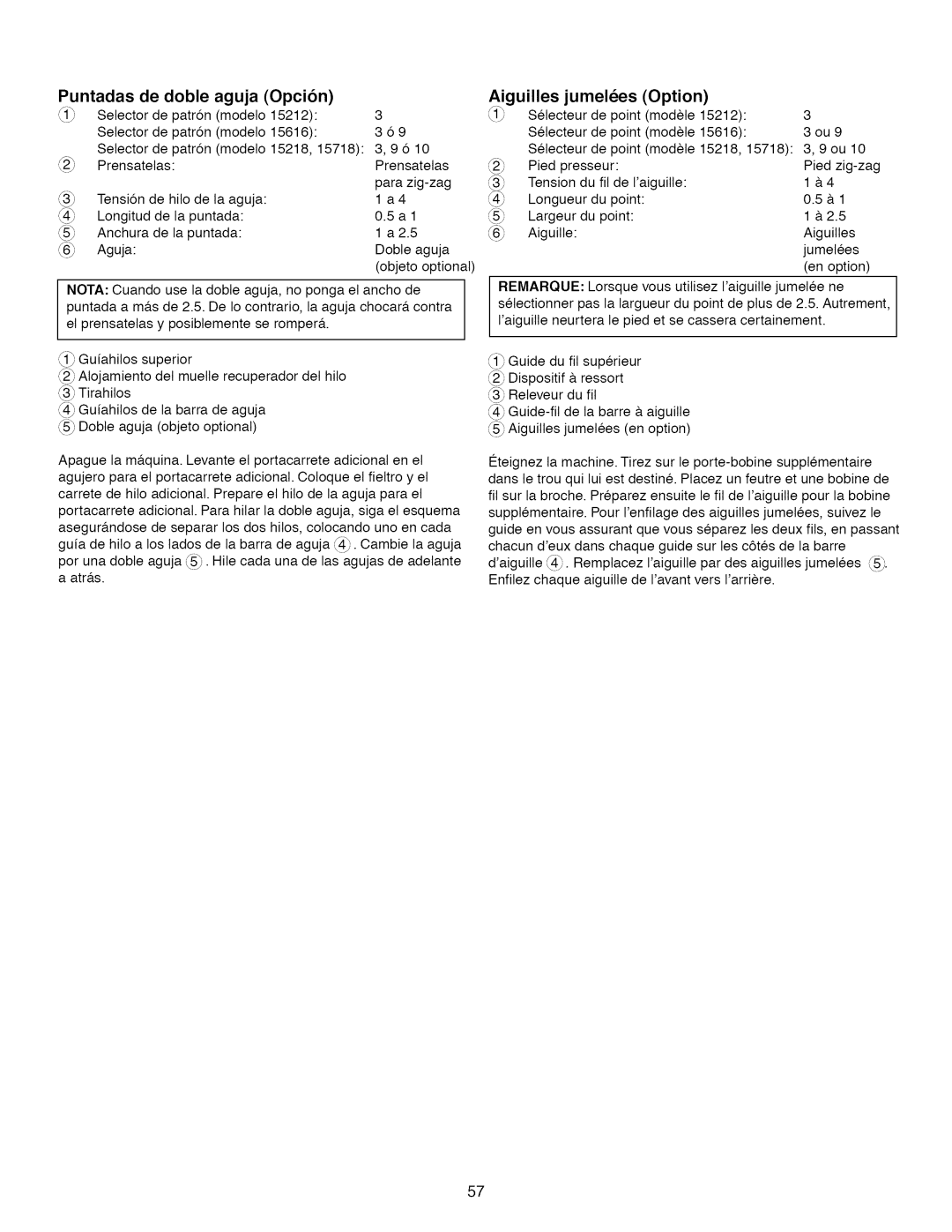 Kenmore 15616, 15218, 385.1 521 2, 15718 owner manual Puntadas de doble aguja Opcion, Aiguilles jumelees 