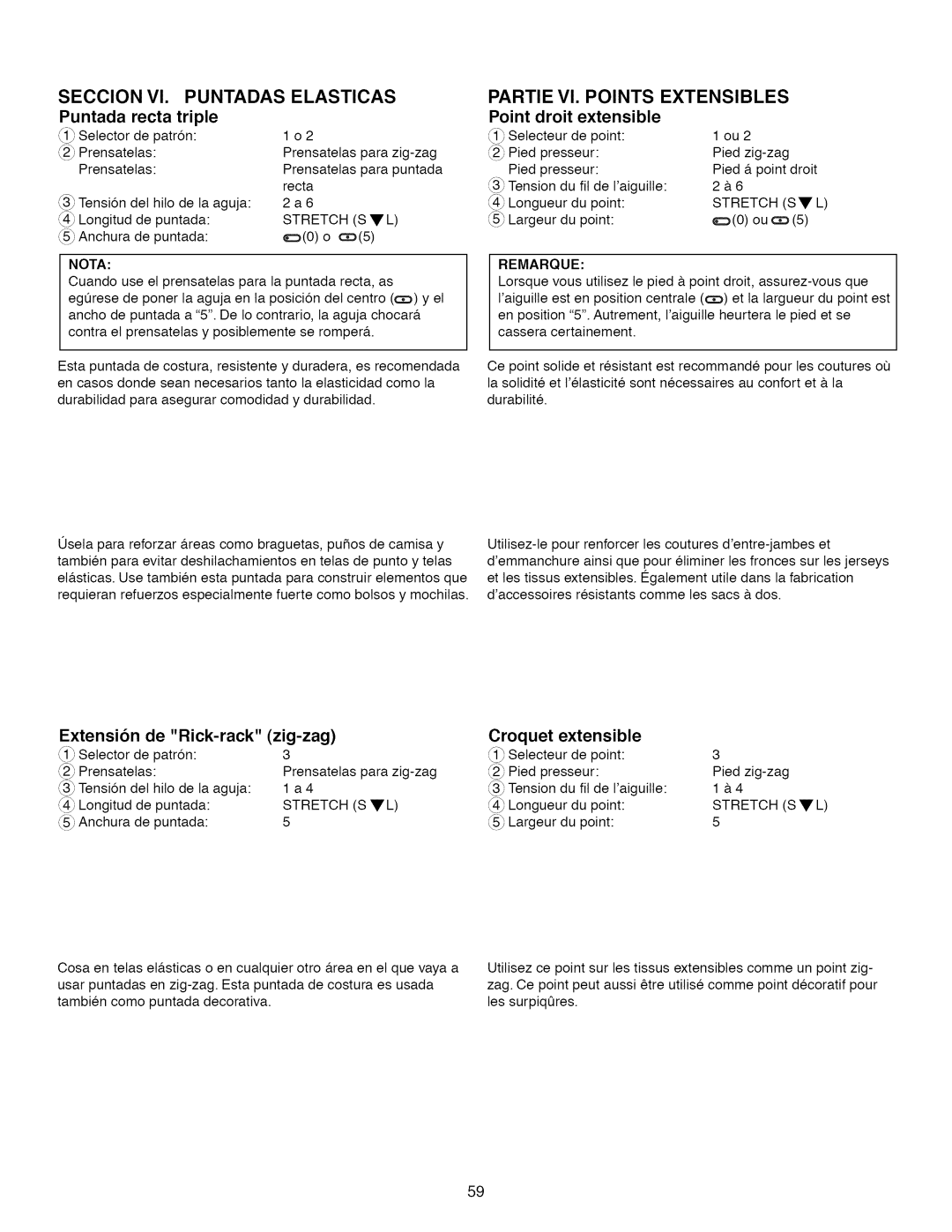 Kenmore 15218, 385.1 521 2, 15616, 15718 Seccion Vl. Puntadas Elasticas, Partie VI. Points Extensibles, Droit, Zig-zag 