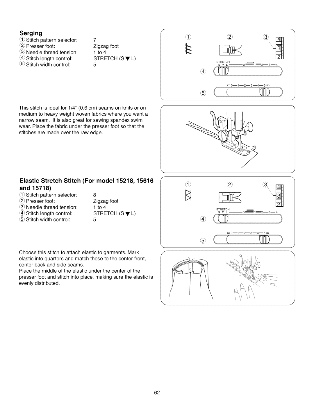 Kenmore 15718, 385.1 521 2 owner manual Serging, Elastic Stretch Stitch For model 15218, 15616 