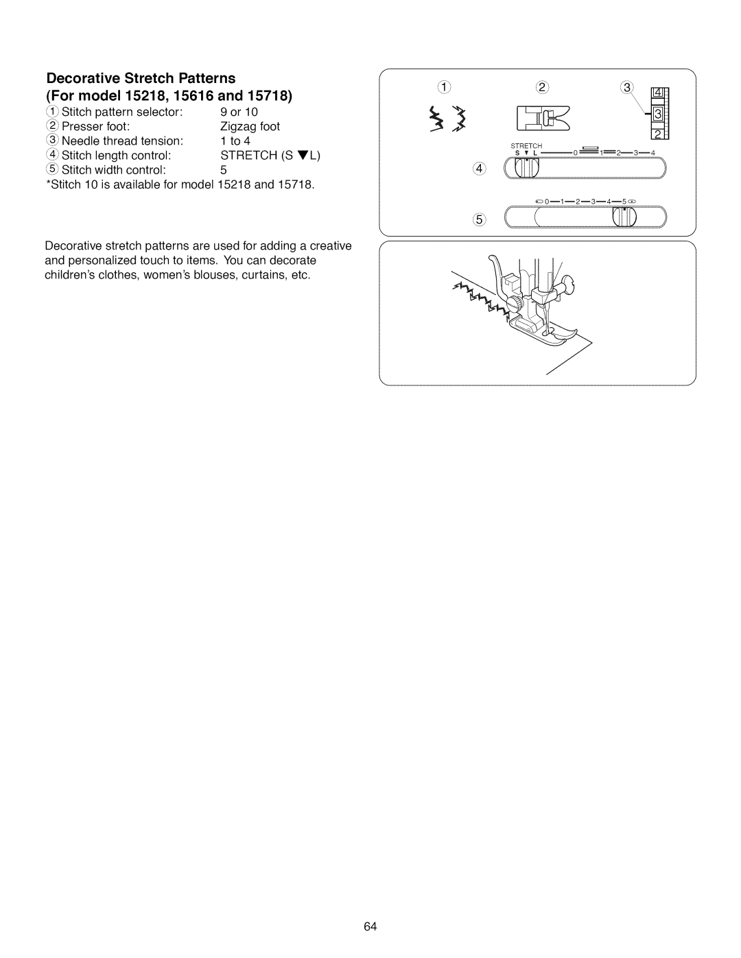 Kenmore 385.1 521 2, 15718 owner manual Decorative Stretch Patterns For model 15218, 15616, Tension 4Stitch length control 