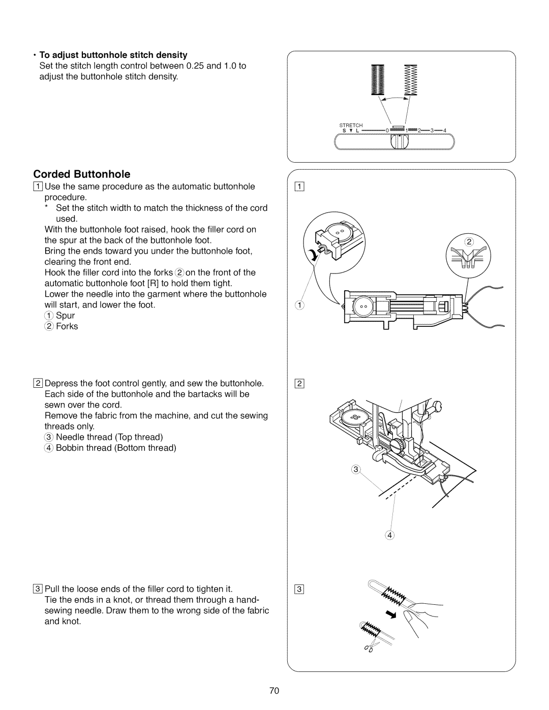 Kenmore 15718, 15218, 385.1 521 2, 15616 owner manual Corded Buttonhole, To adjust buttonhole stitch density 