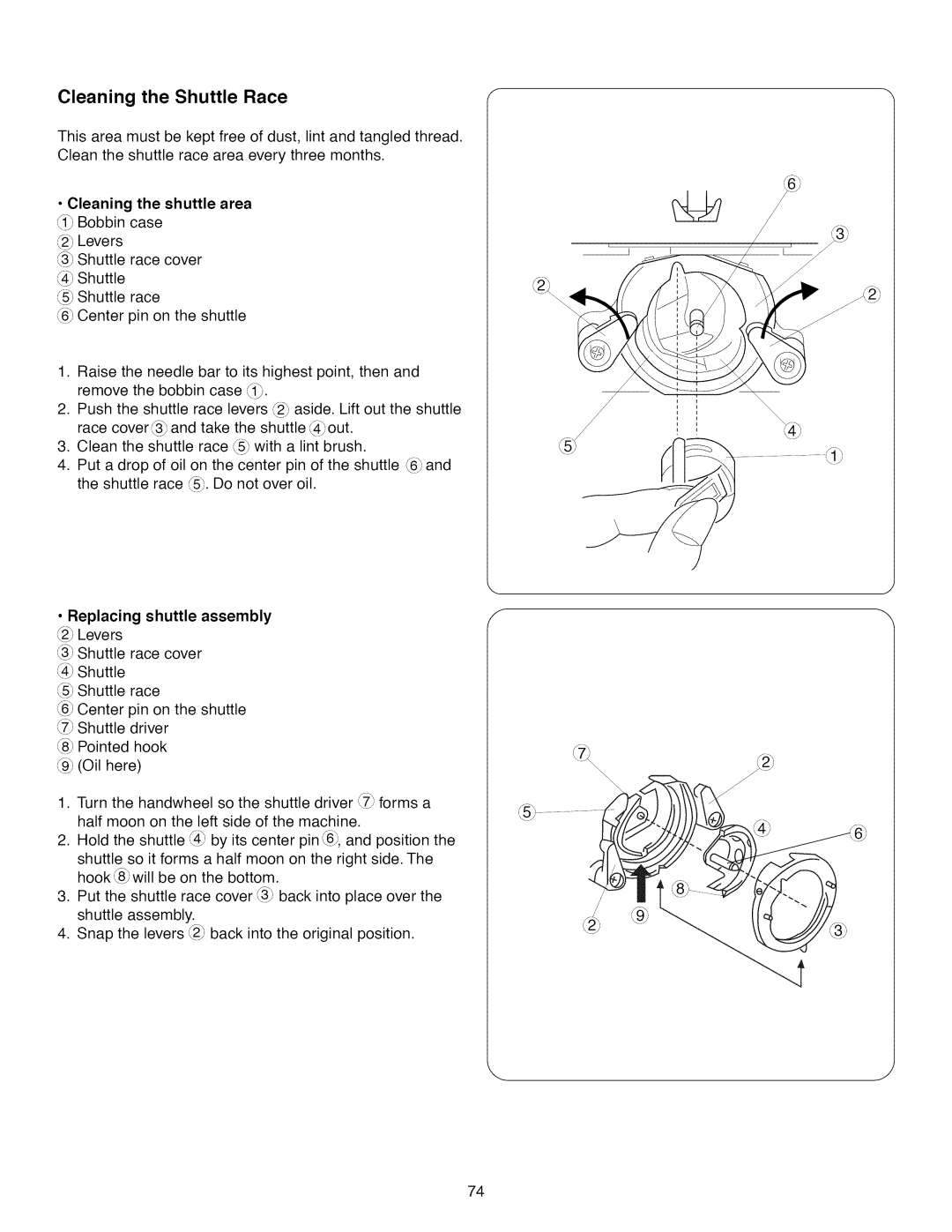 Kenmore 15718, 15218 Cleaning the Shuttle Race, Cleaning the shuttle area 1Bobbin case, Replacing Shuttle assembly 2Levers 