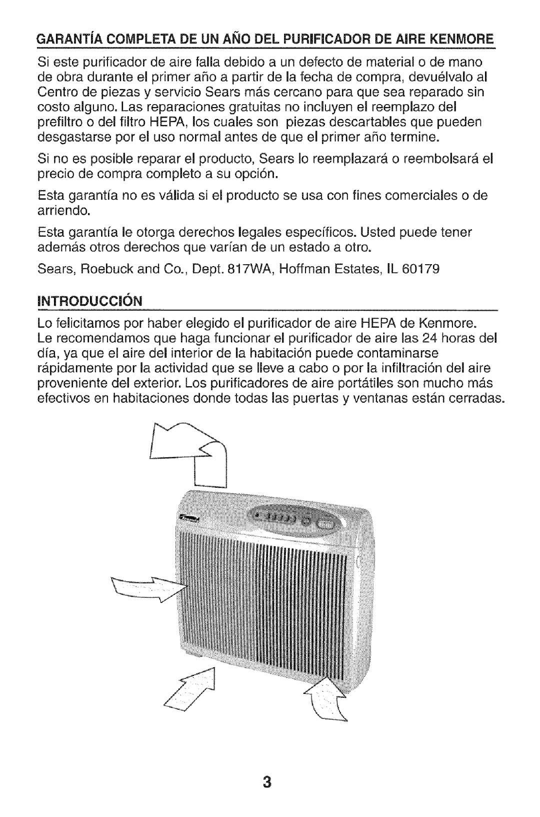 Kenmore 152.85254 owner manual GARANTiA Completa DE UN ANO DEL Purificador DE Aire Kenmore, Introduccon 