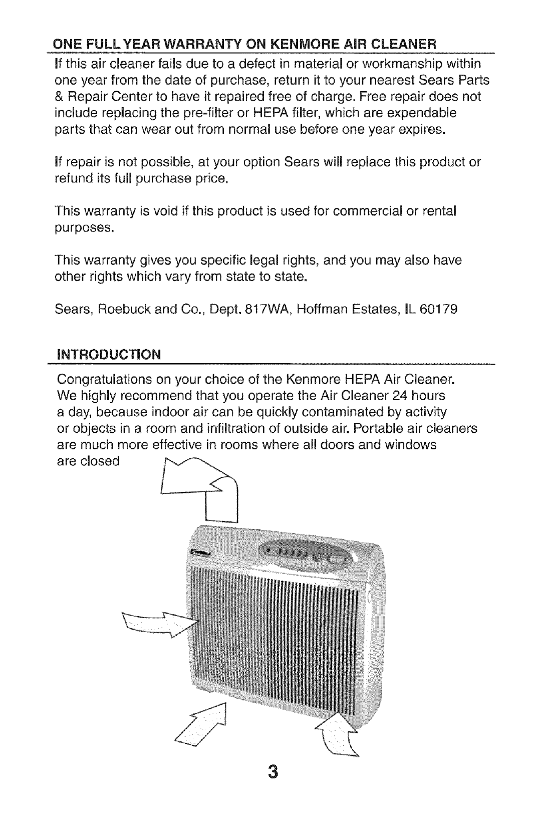 Kenmore 152.85254 owner manual Onefullyear Warranty on Kenmore AiR Cleaner, Introducton 