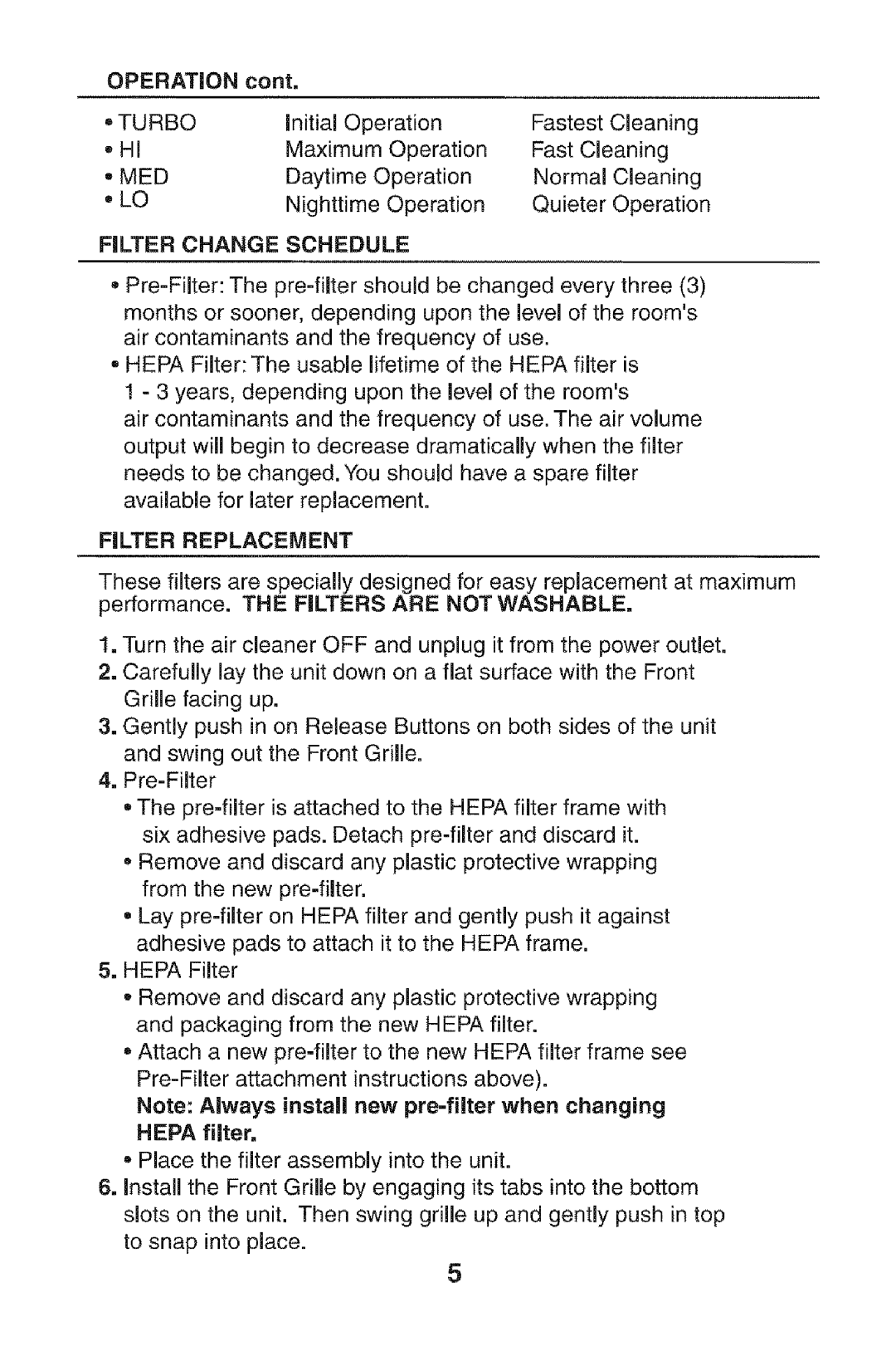 Kenmore 152.85254 owner manual Operation, Med, Filter Change Schedule, Filter Replacement 