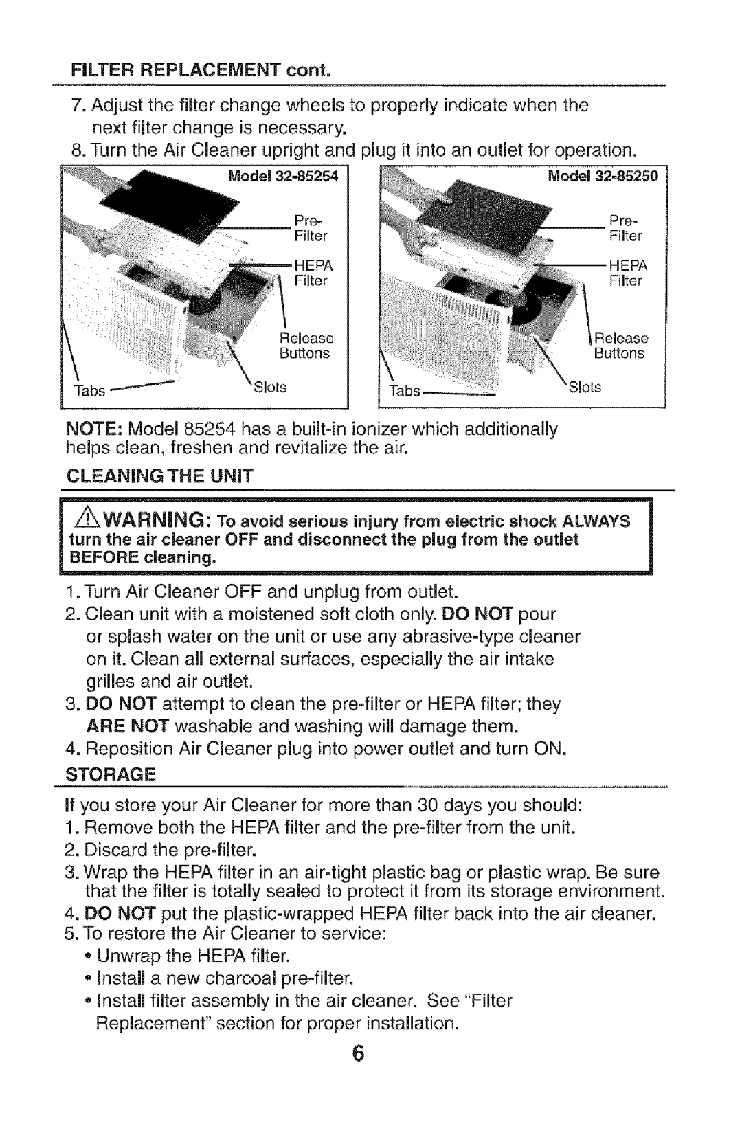 Kenmore 152.85254 owner manual Filter Replacement, Before cleaning, Storage 