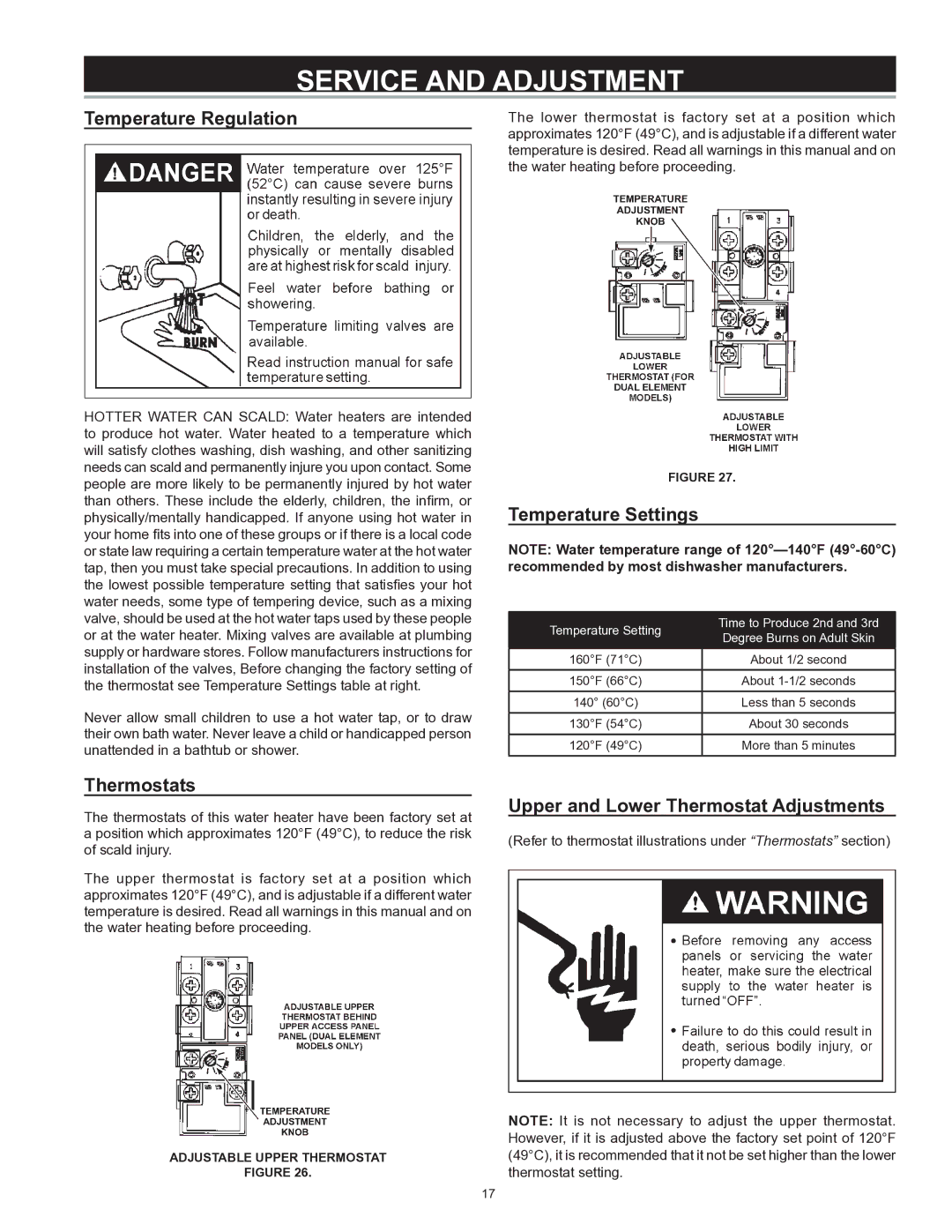 Kenmore 153 owner manual Service and Adjustment, Temperature Regulation, Thermostats, Temperature Settings 