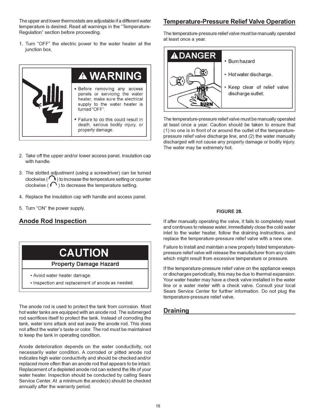 Kenmore 153 owner manual Anode Rod Inspection, Temperature-Pressure Relief Valve Operation, Draining 