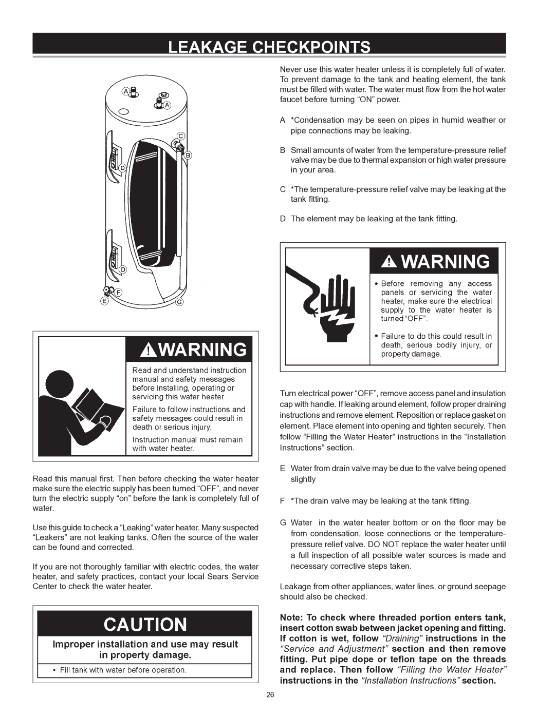 Kenmore 153 owner manual Leakage Checkpoints 