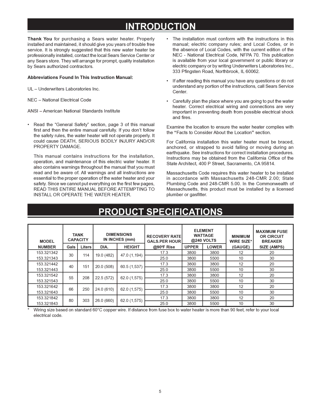 Kenmore 153 owner manual Introduction, Product Specifications 