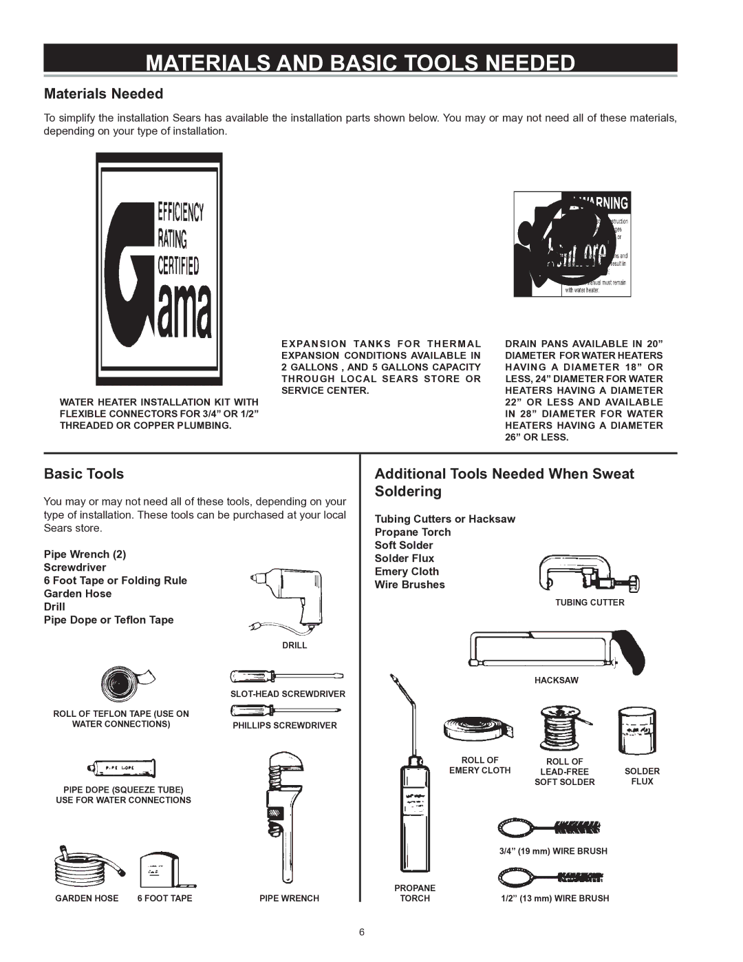 Kenmore 153 owner manual Materials and Basic Tools Needed, Materials Needed, Additional Tools Needed When Sweat Soldering 