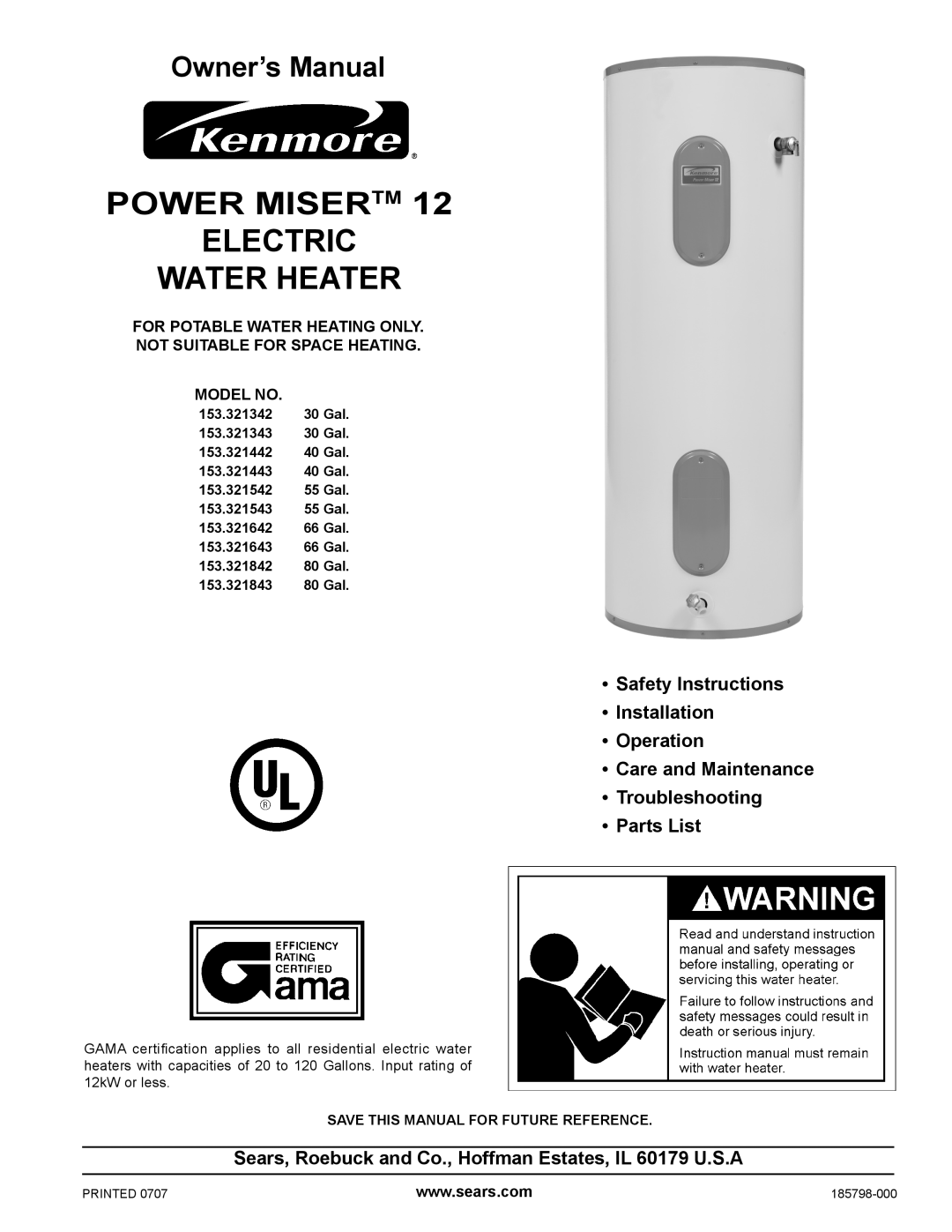 Kenmore 336801 HA, 336901 HA, 761, 153.336361, 153.336301 HA owner manual For Your Safety, Power Miser Tm Gas Water Heater 
