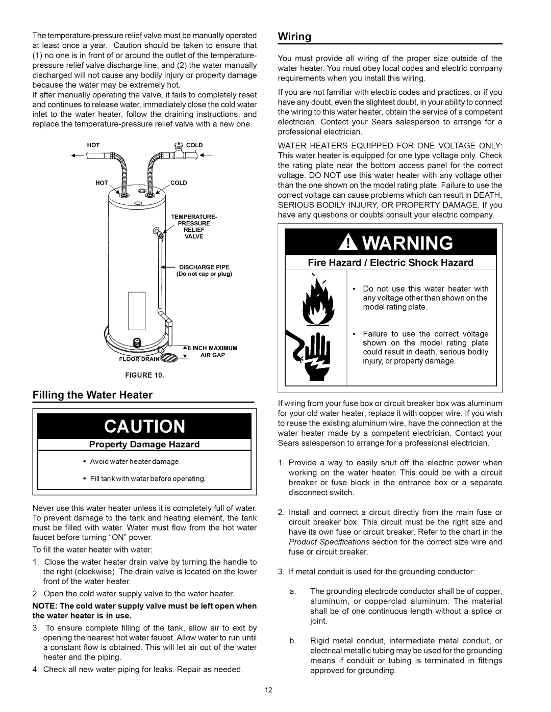 Kenmore 153.31242 manual Wiring, Filling the Water Heater, Property Damage Hazard 