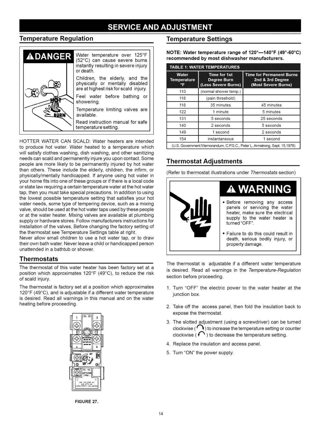 Kenmore 153.31242 manual Temperature Regulation, Thermostats, Temperature Settings, Thermostat Adjustments 