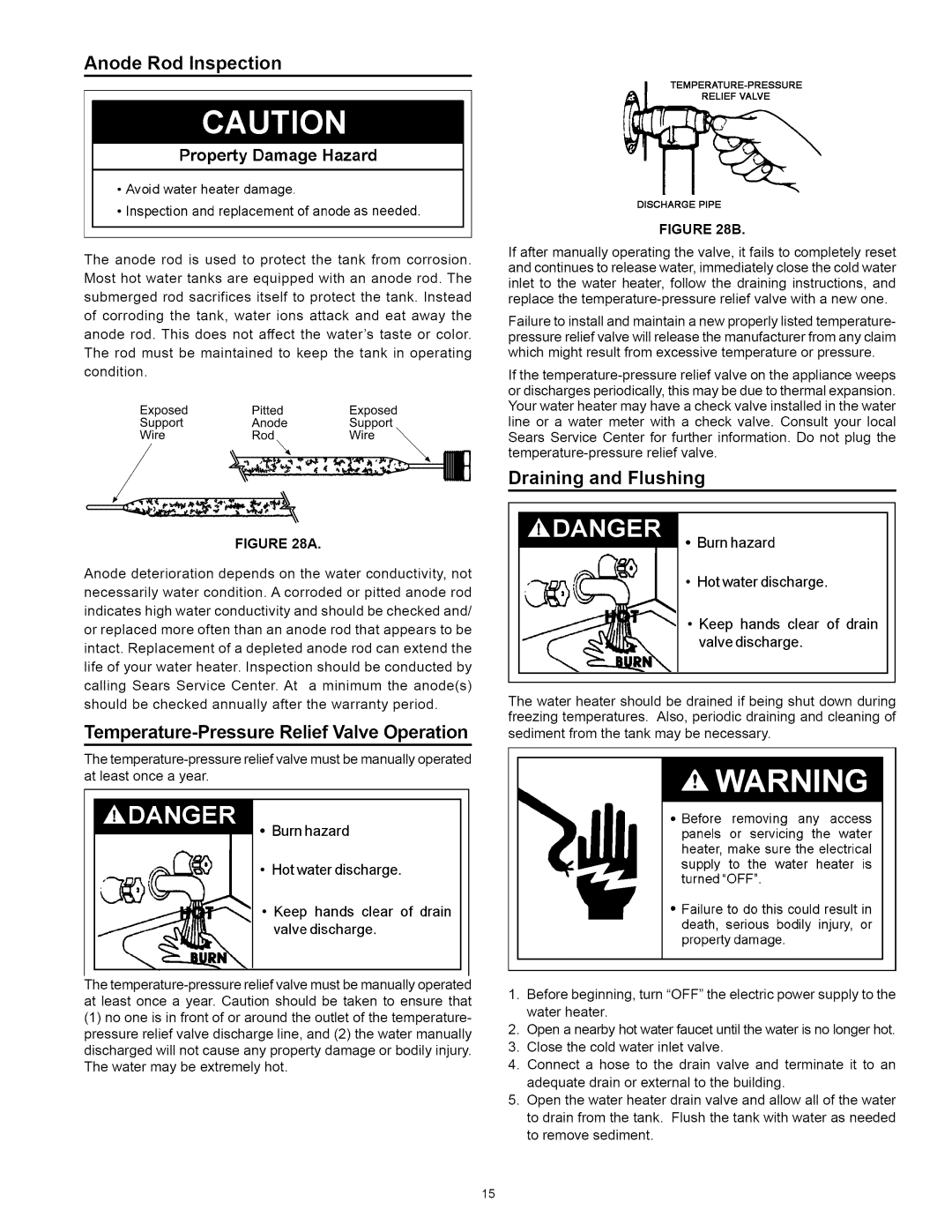 Kenmore 153.31242 Anode Rod Inspection, Draining and Flushing, Temperature-Pressure Relief Valve Operation, Burn hazard 