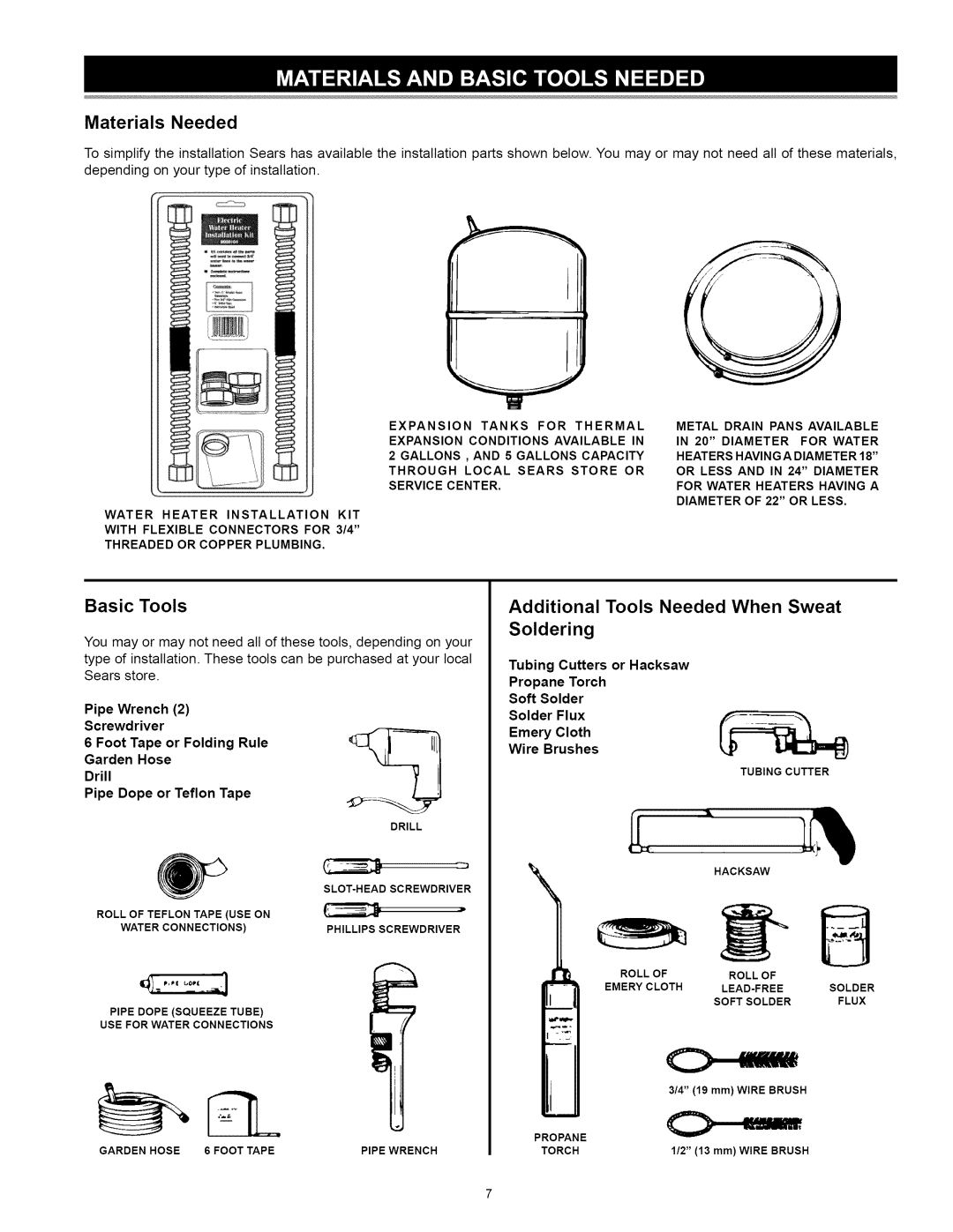 Kenmore 153.31242 manual Materials Needed, Basic Tools, Additional Tools Needed When Sweat Soldering 