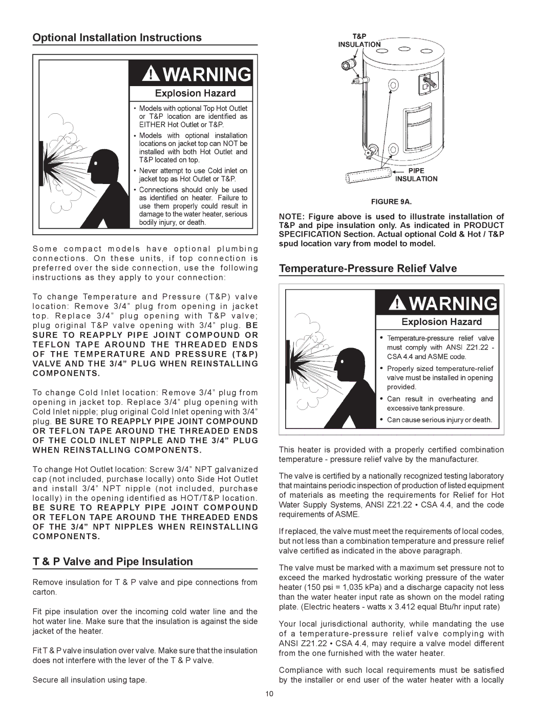 Kenmore 153.31604 Optional Installation Instructions, Valve and Pipe Insulation, Temperature-Pressure Relief Valve 