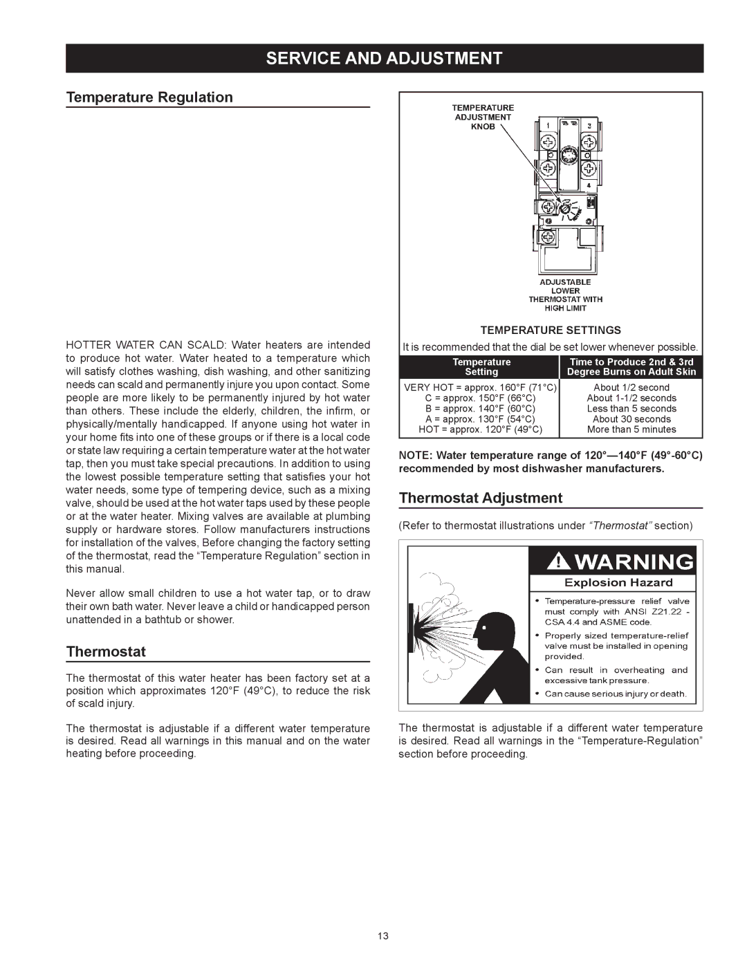 Kenmore 153.31604 Service and Adjustment, Temperature Regulation, Thermostat Adjustment, Temperature Settings 